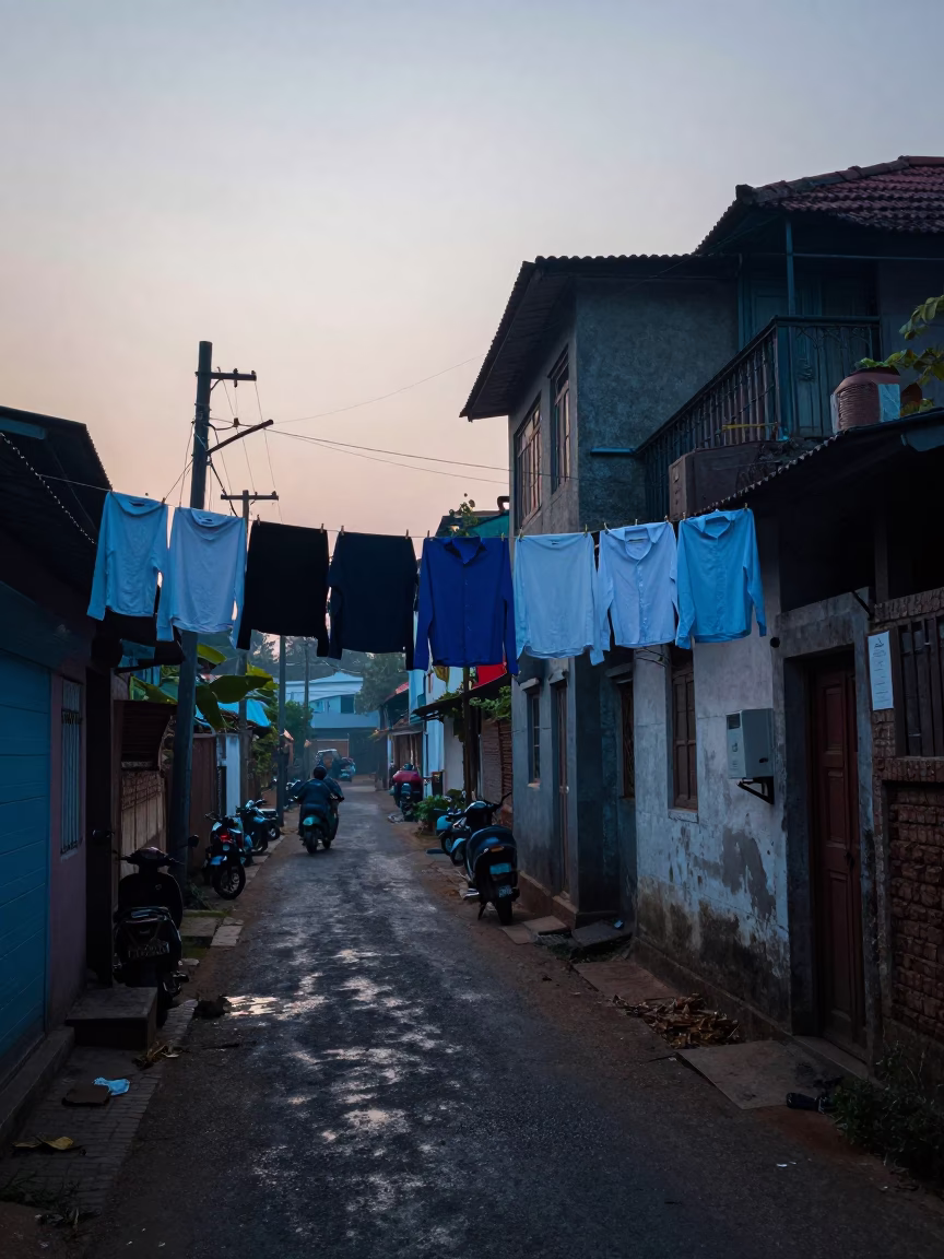 Pre-dawn street life in Kochi India with hanging laundry and morning routine in in Kochi, India