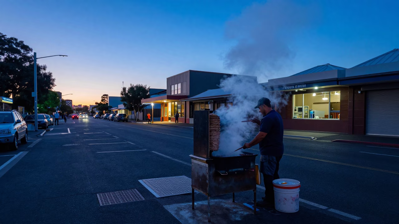 Pre-Dawn Street Life in Perth Western Australia with Kebab Grill Steam in in Perth, Western Australia, Australia