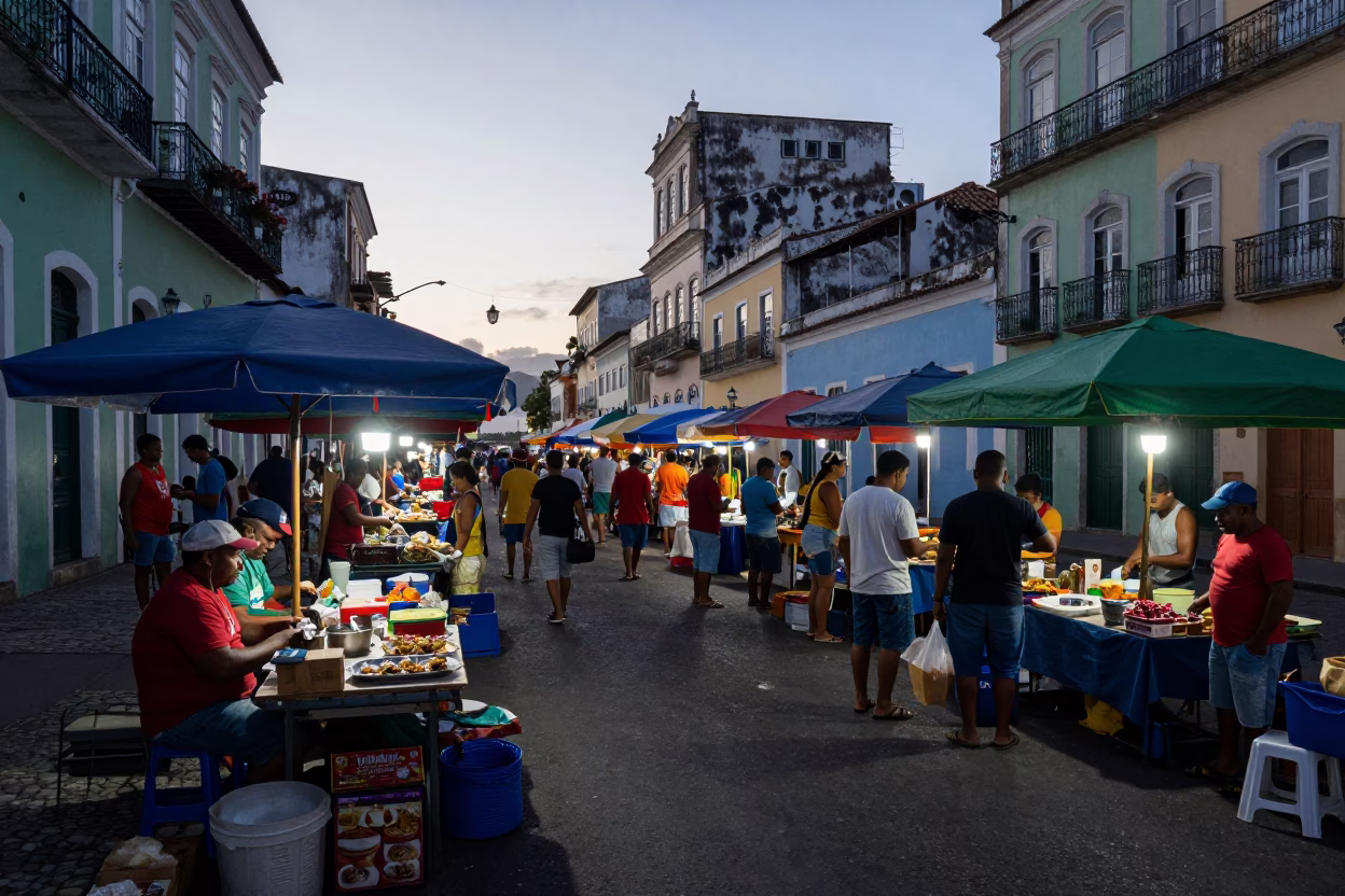 Pre-Dawn Street Market Activity in Salvador Brazil with Vendor Stalls and Early Shoppers in in Salvador, Brazil