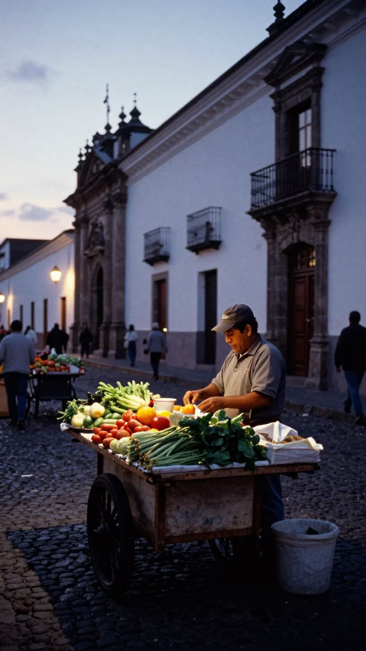 Pre-dawn street market in Quito Ecuador with vendor preparing food in in Quito, Ecuador