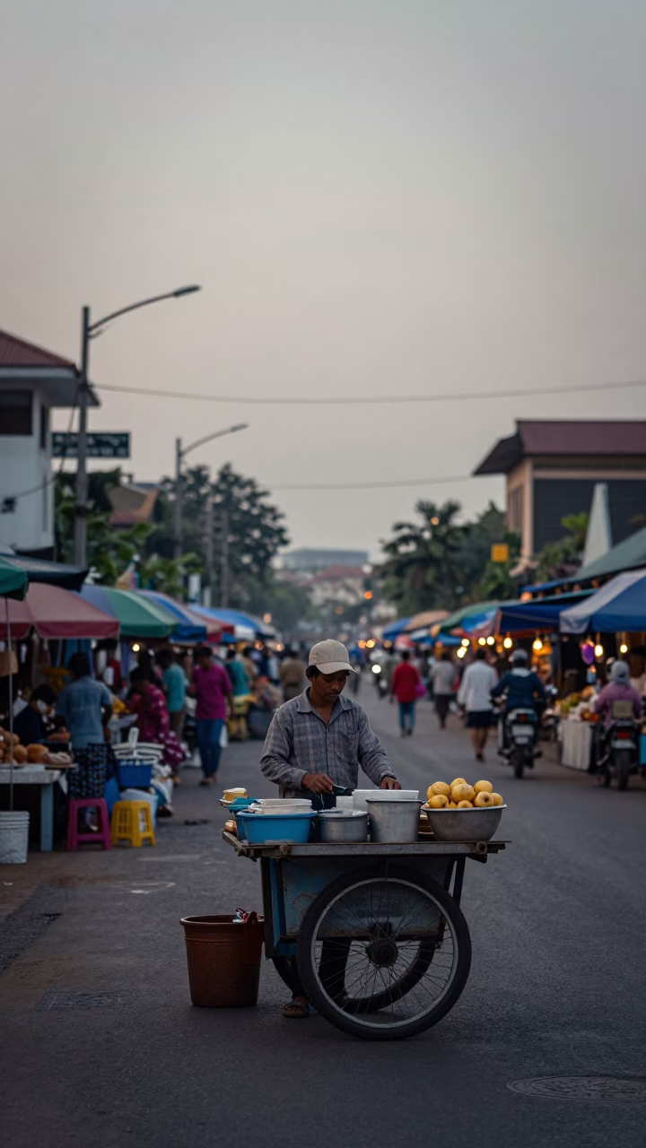 Pre-Dawn Street Market Preparation in Phnom Penh Cambodia with Food Vendors in in Phnom Penh, Cambodia