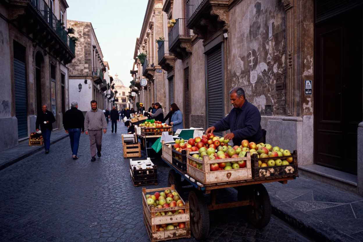 Pre-Dawn Street Market Scene in Palermo Italy with Wooden Crates and Morning Light in in Palermo, Italy