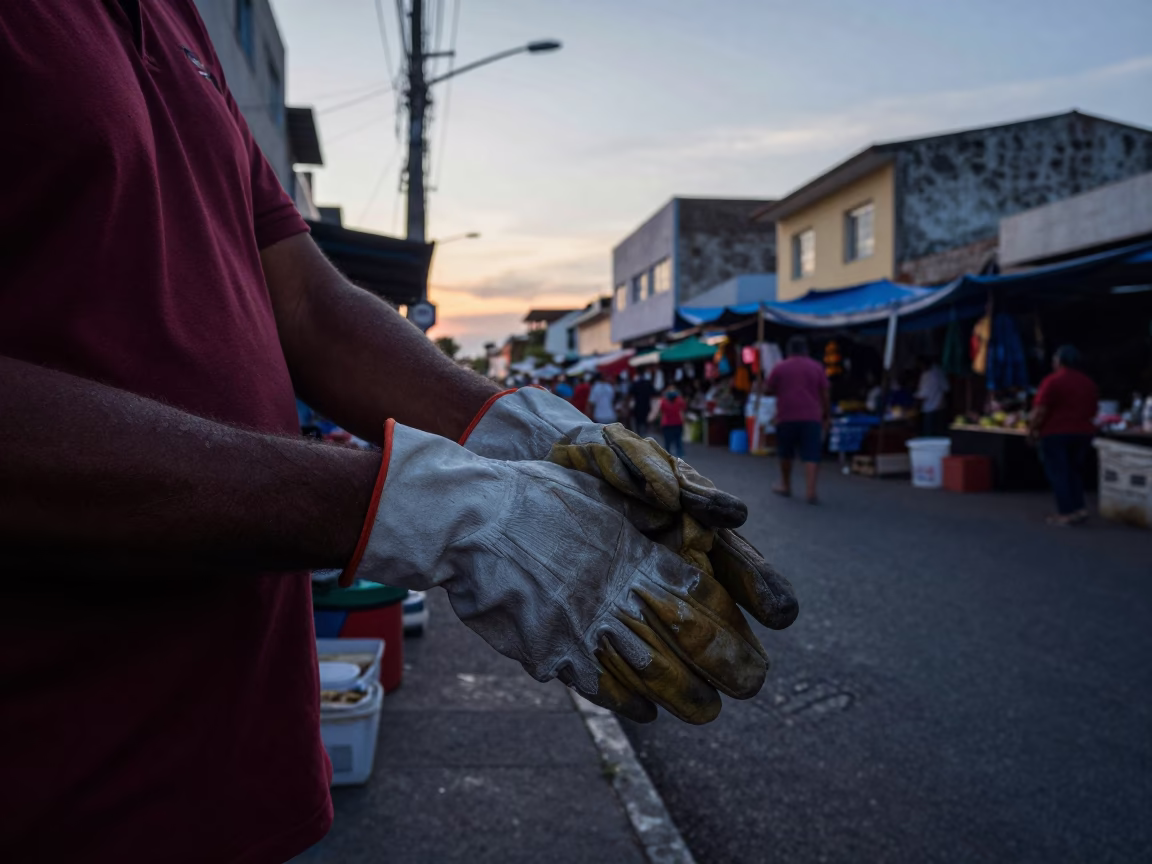 Pre-dawn street market scene in Salvador Brazil with work gloves and cooler jug in in Salvador, Brazil
