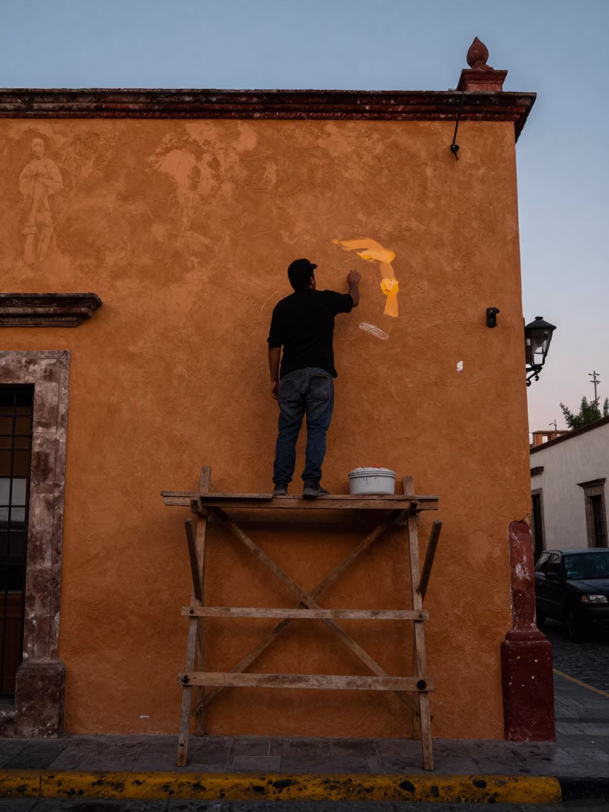 Pre-Dawn Street Mural Painting in Mexico City Before Dawn in in Mexico City, Mexico