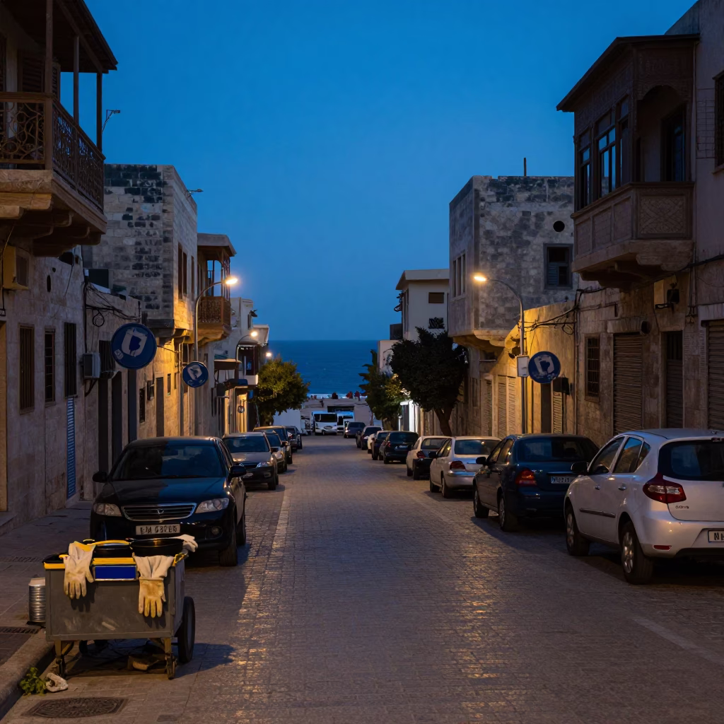 Pre-Dawn Street Scene in Alexandria Egypt with Work Gloves and Saucepan in in Alexandria, Egypt