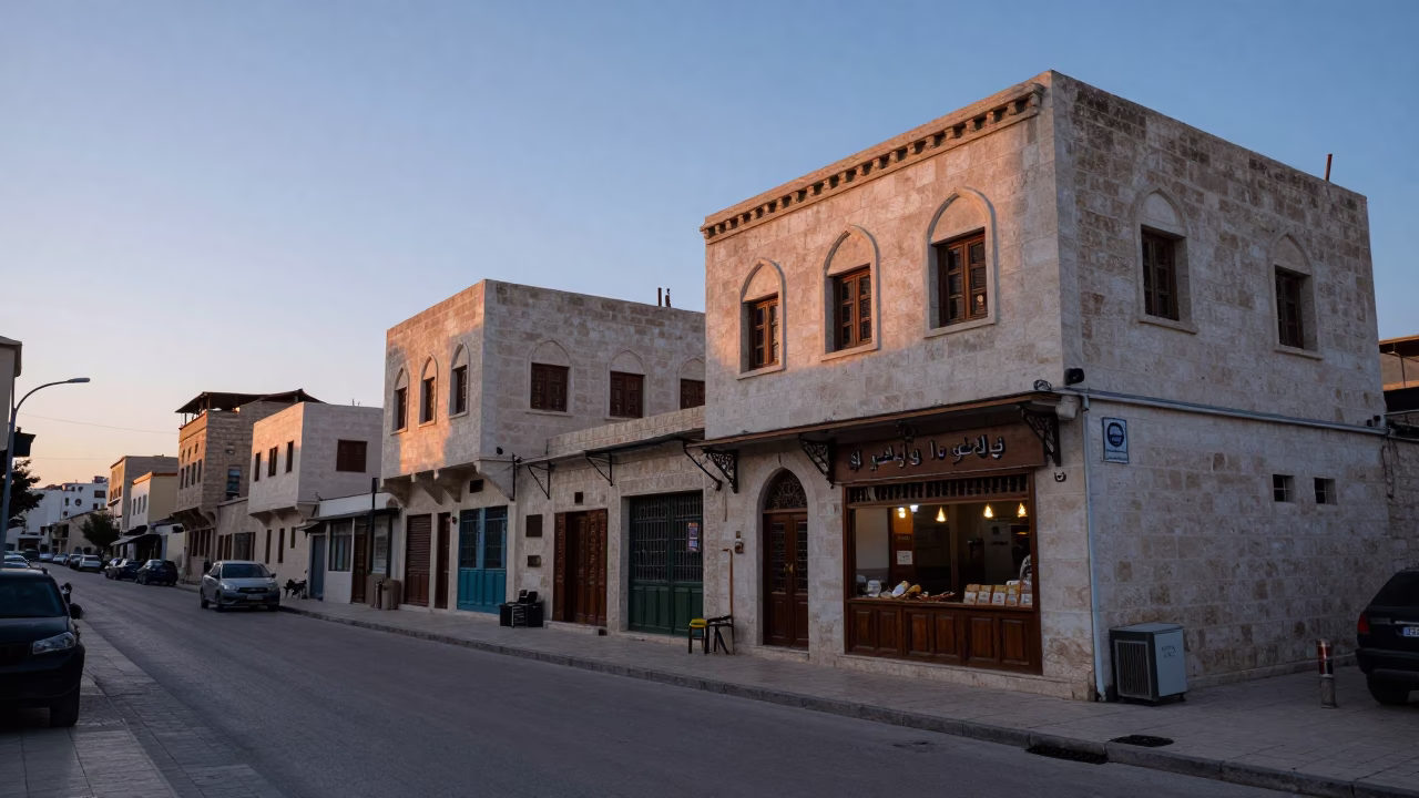 Pre-dawn street scene in Amman Jordan with bakery and dawn light in in Amman, Jordan