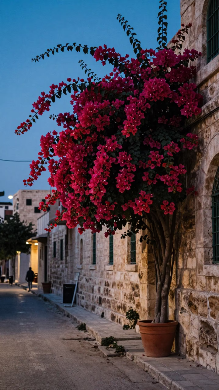 Pre-dawn street scene in Amman Jordan with bougainvillea and clay pot in in Amman, Jordan