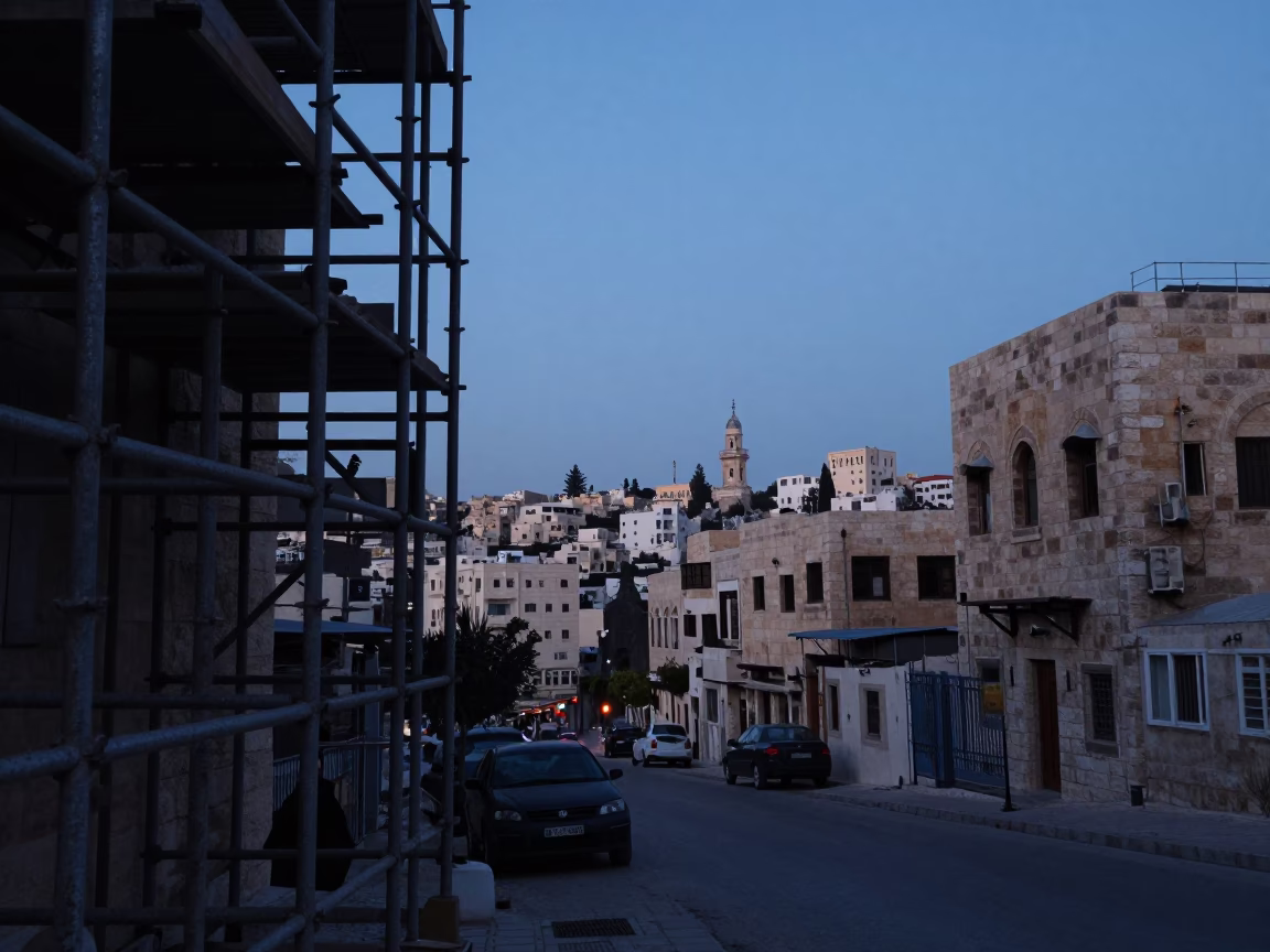 Pre-dawn street scene in Amman Jordan with construction scaffolding and quiet morning light in in Amman, Jordan