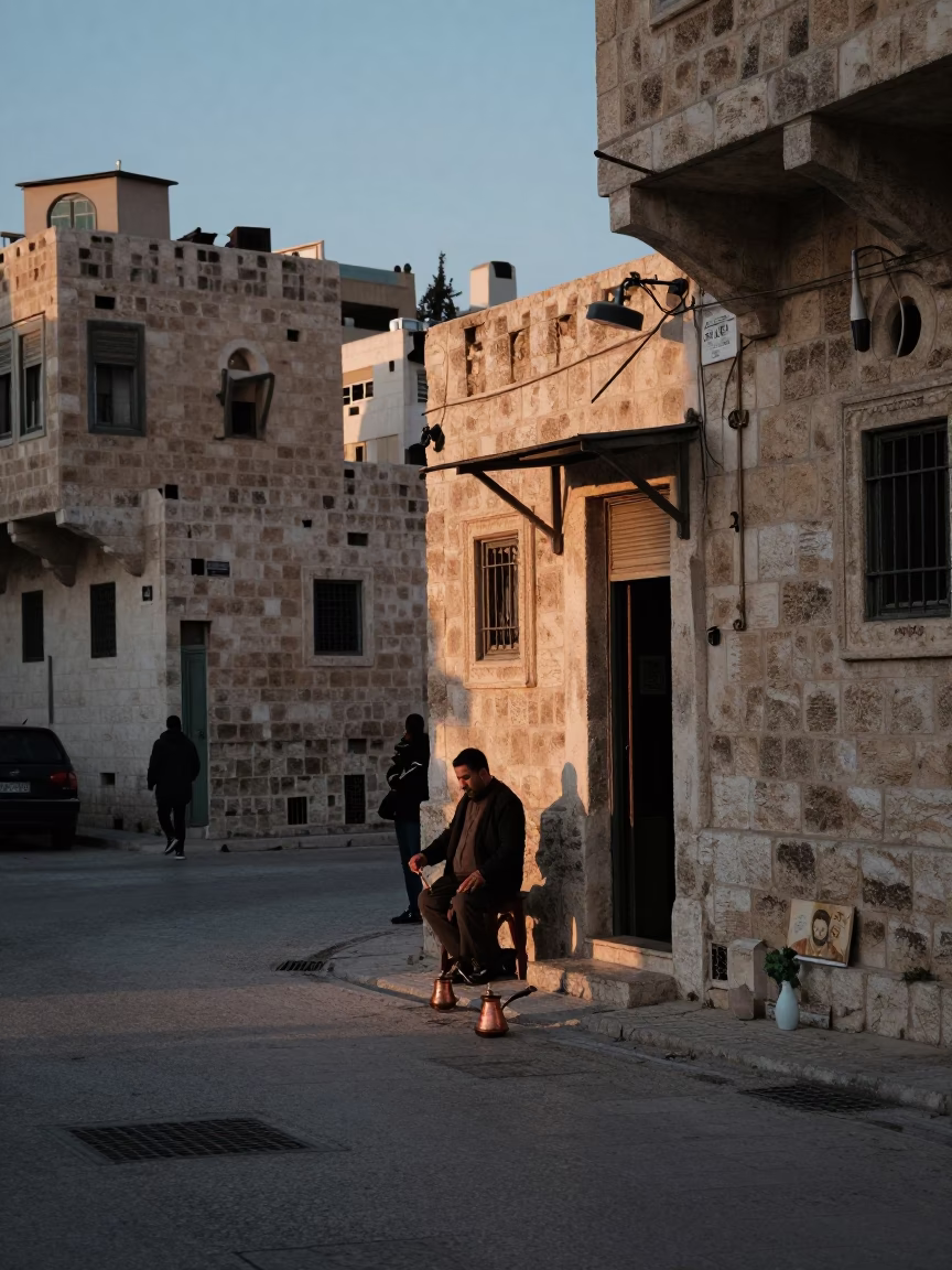 Pre-dawn street scene in Amman Jordan with copper cezve coffee and ceramic tiles in in Amman, Jordan