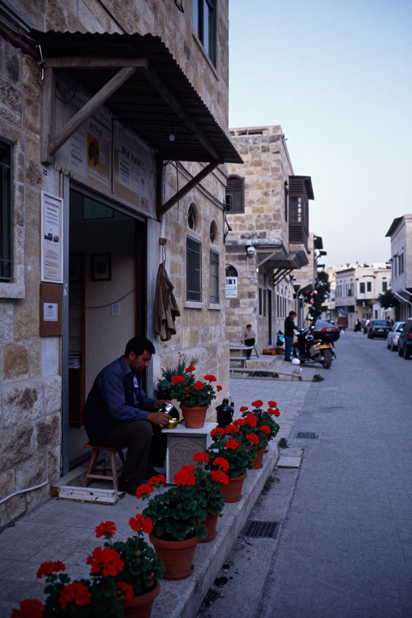 Pre-dawn street scene in Amman Jordan with geraniums and tea preparation in in Amman, Jordan