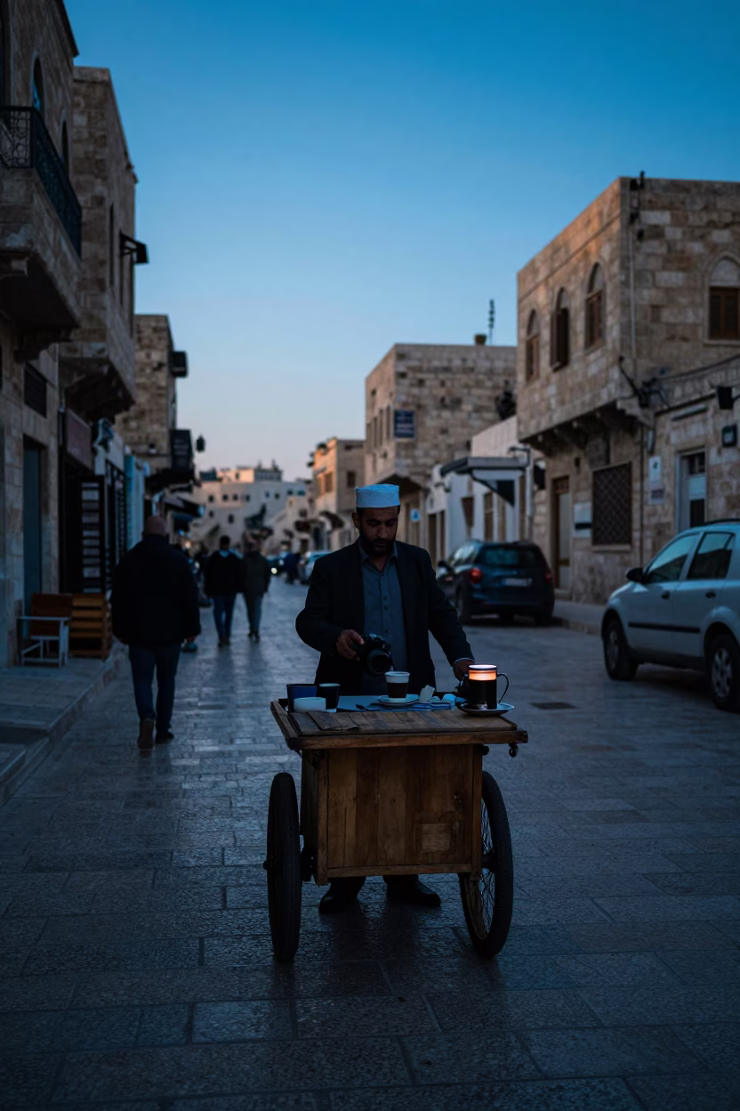 Pre-Dawn Street Scene in Amman Jordan with Traditional Coffee and Local Architecture in in Amman, Jordan