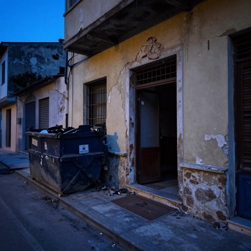 Pre-dawn street scene in Athens Greece with demolition dumpster and gutted storefront in in Athens, Greece