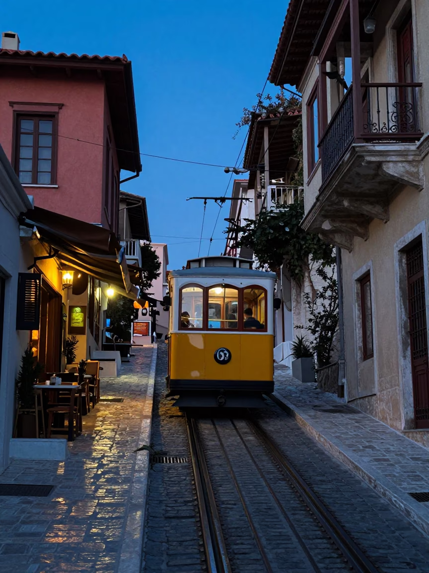 Pre-Dawn Street Scene in Athens Greece with Funicular Approaching Cliffside Restaurant in in Athens, Greece