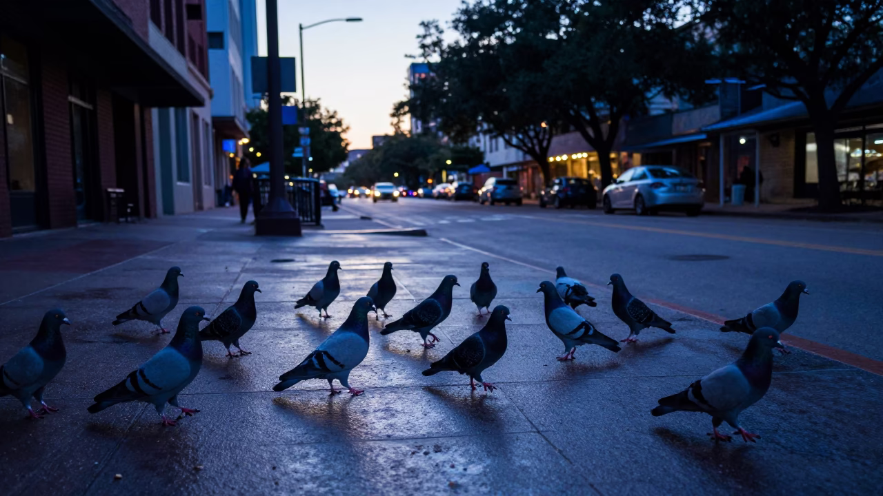 Pre-dawn street scene in Austin Texas with pigeons and urban details in in Austin, Texas, United States