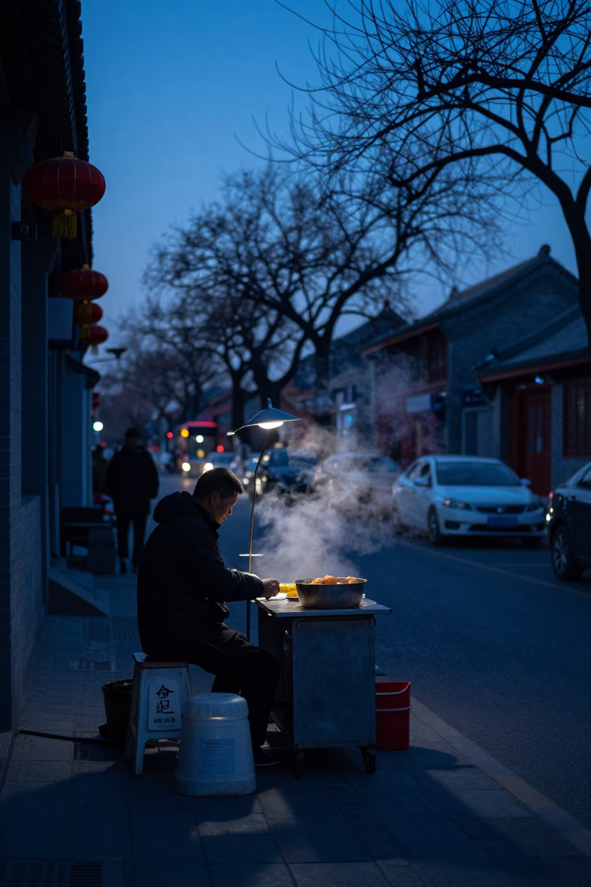 Pre-dawn street scene in Beijing China with vendor and early morning light in in Beijing, China