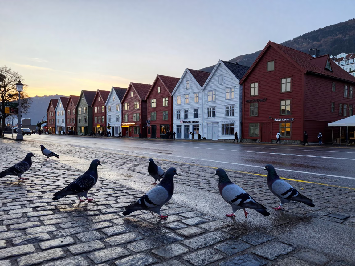 Pre-dawn street scene in Bergen Norway with pigeons near colorful Brygien wharf buildings in in Bergen, Norway
