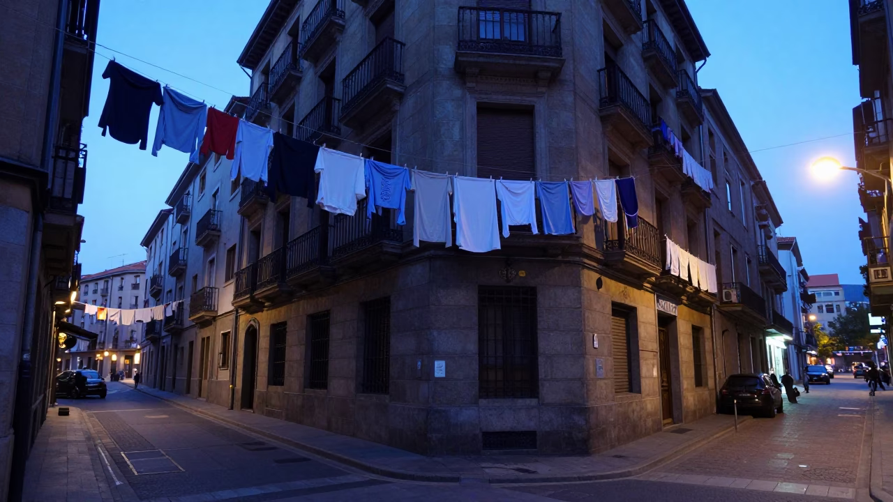 Pre-dawn street scene in Bilbao Spain with laundry and urban architecture in in Bilbao, Spain