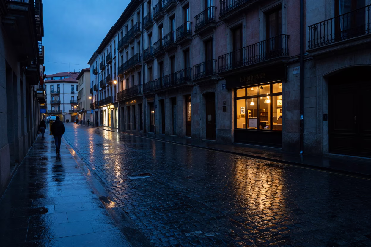 Pre-dawn street scene in Bilbao Spain with wet pavement and local cafe culture in in Bilbao, Spain