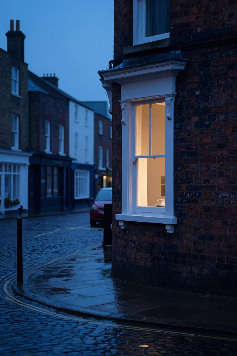 Pre-Dawn Street Scene in Bristol United Kingdom with Teacup and Window Light in in Bristol, United Kingdom