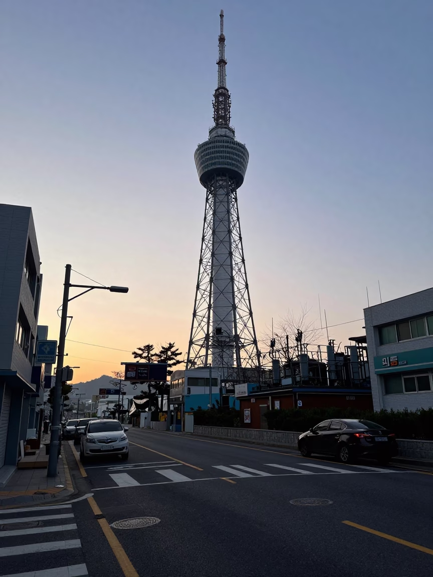 Pre-Dawn Street Scene in Busan South Korea with Lattice Tower and Peg Rails in in Busan, South Korea