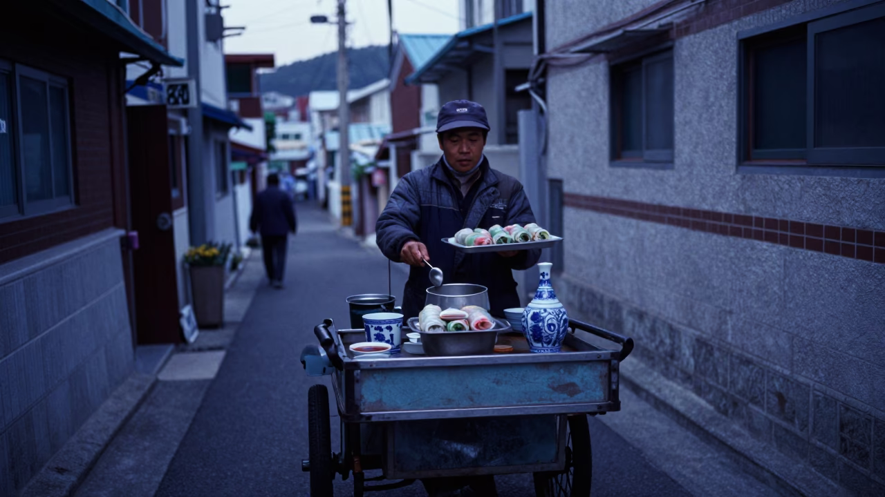 Pre-Dawn Street Scene in Busan South Korea with Vintage Motorcycle and Porcelain Bowl in in Busan, South Korea