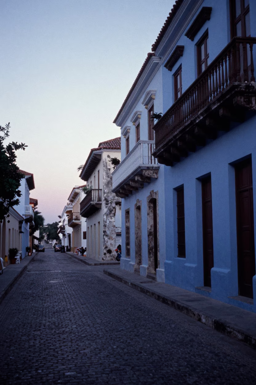Pre-dawn street scene in Cartagena Colombia with colonial architecture and quiet morning light in in Cartagena, Colombia