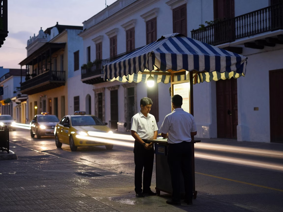 Pre-Dawn Street Scene in Cartagena Colombia with Hotel Valet Stand and Headlight Streaks in in Cartagena, Colombia