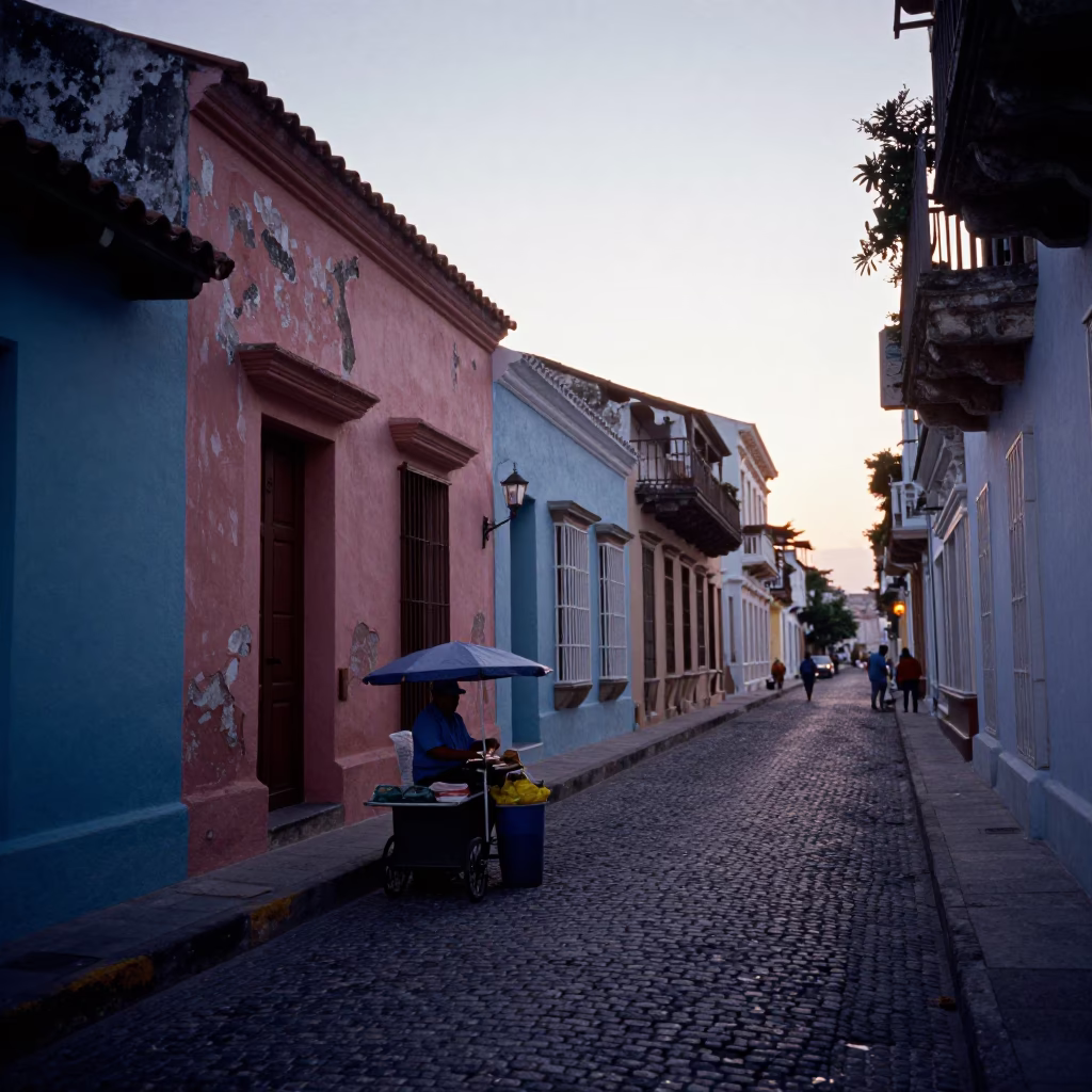 Pre-dawn street scene in Cartagena Colombia with local vendor and colorful colonial architecture in in Cartagena, Colombia