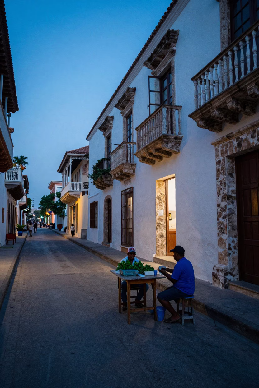 Pre-Dawn Street Scene in Cartagena Colombia with Paint Flecks and Basil in in Cartagena, Colombia