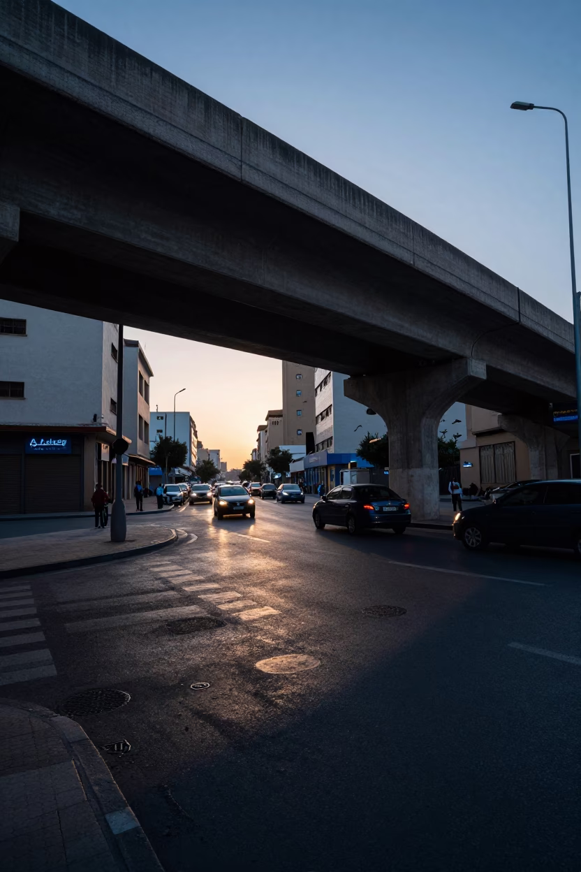 Pre-Dawn Street Scene in Casablanca Morocco with Flyover Shadows and Urban Life in in Casablanca, Morocco