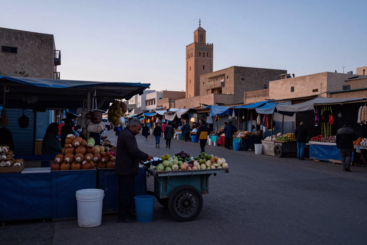 Pre-dawn street scene in Casablanca Morocco with local market activity in in Casablanca, Morocco