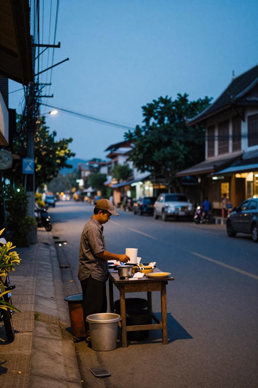 Pre-dawn street scene in Chiang Mai Thailand with local vendor and vintage elements in in Chiang Mai, Thailand