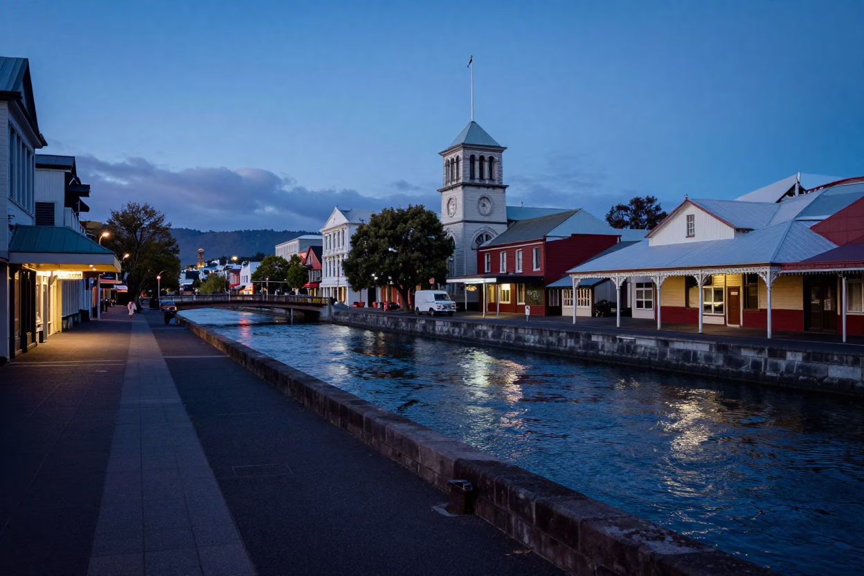 Pre-dawn street scene in Christchurch New Zealand with vintage 1960s aesthetic in in Christchurch, New Zealand