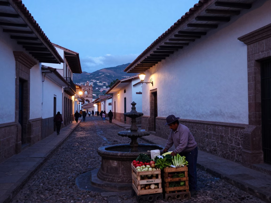Pre-dawn street scene in Cusco Peru with colonial architecture and local morning activity in in Cusco, Peru
