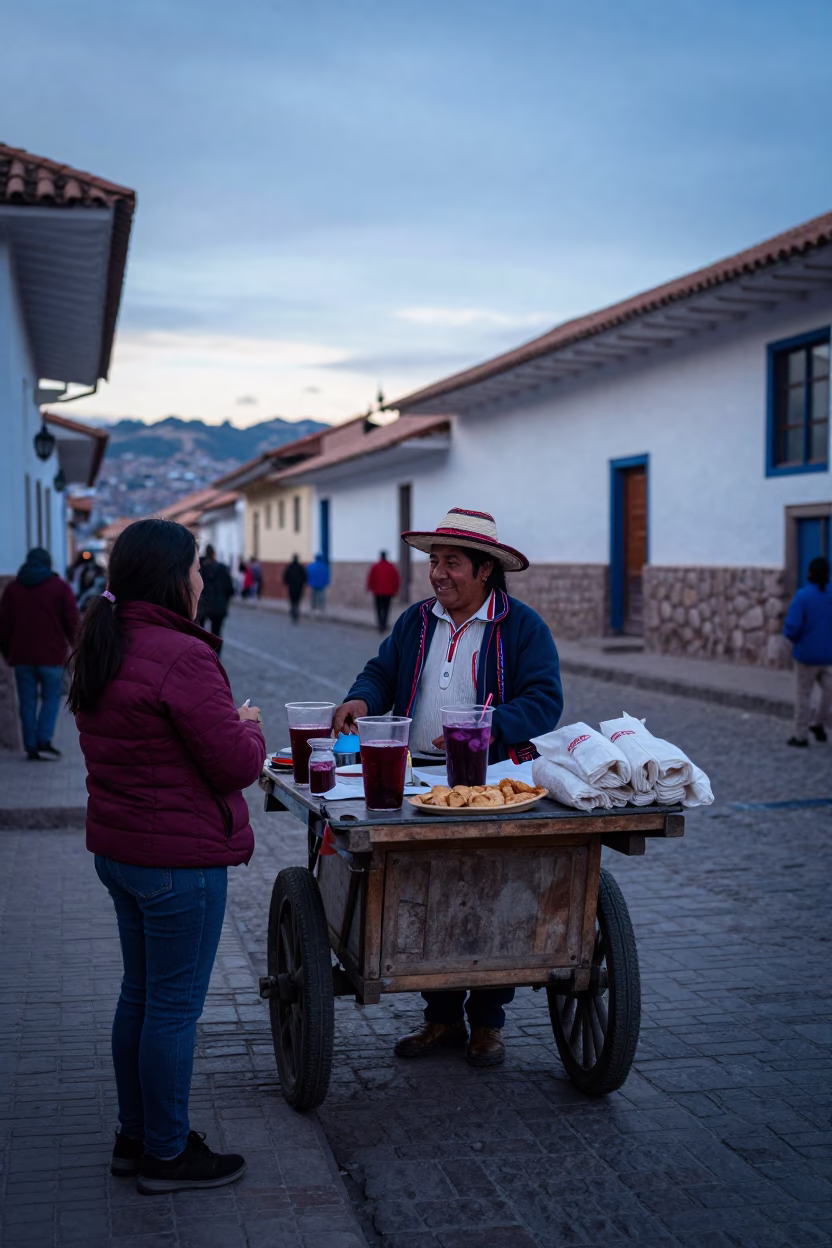 Pre-dawn street scene in Cusco Peru with local vendor and traditional architecture in in Cusco, Peru
