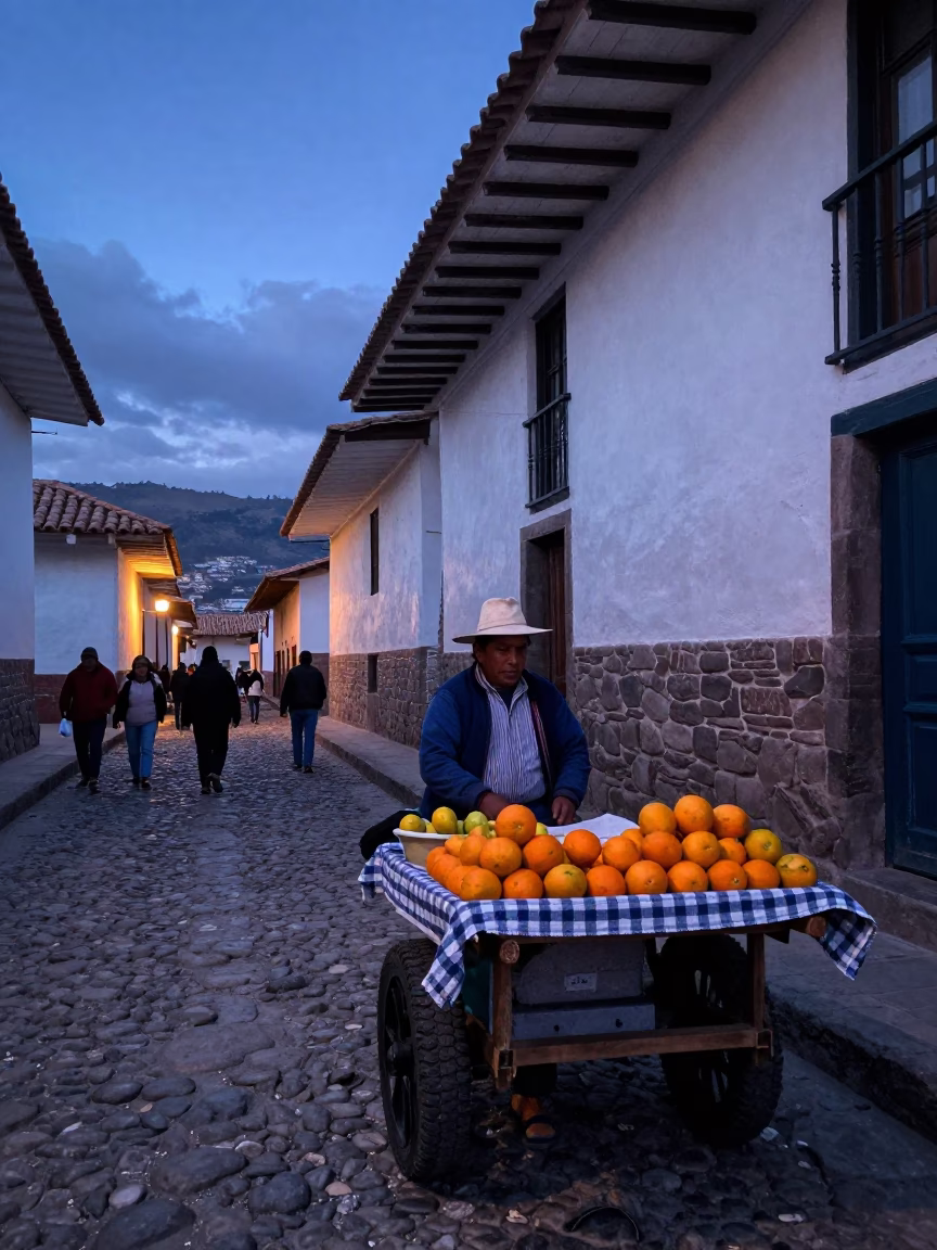 Pre-dawn street scene in Cusco Peru with local vendor and traditional textiles in in Cusco, Peru