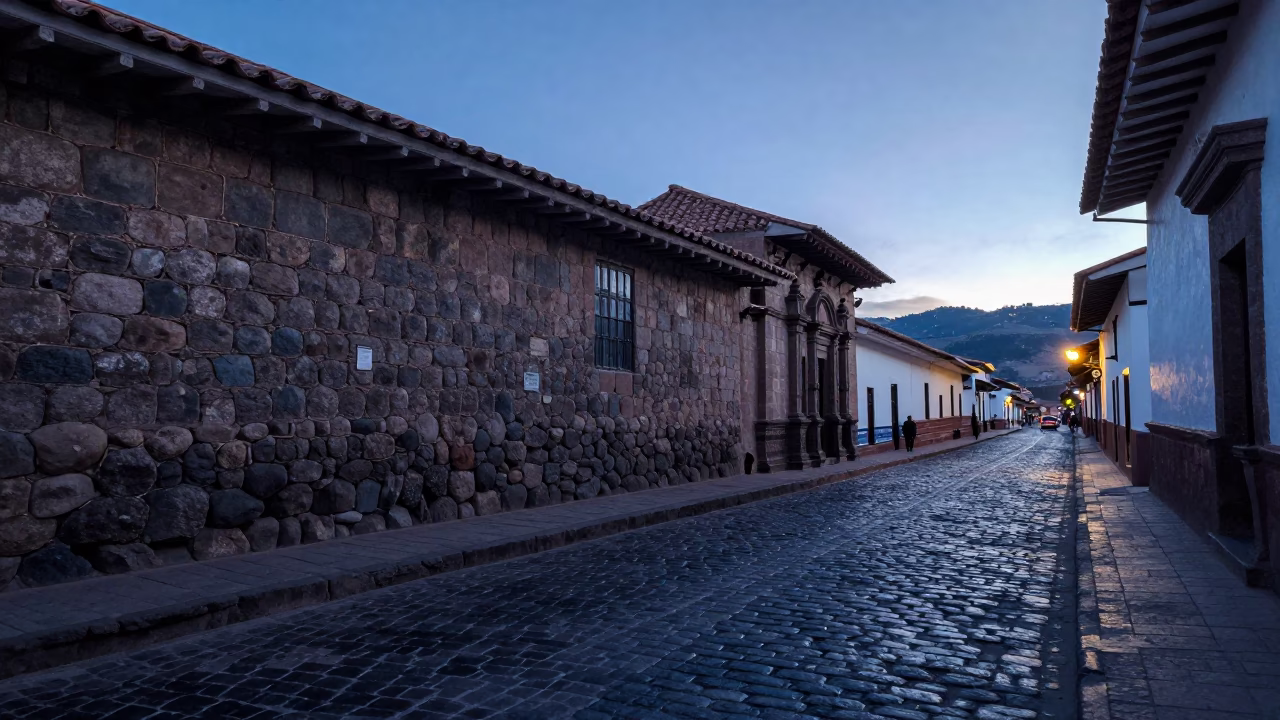 Pre-dawn street scene in Cusco Peru with stone architecture and local vendors in in Cusco, Peru
