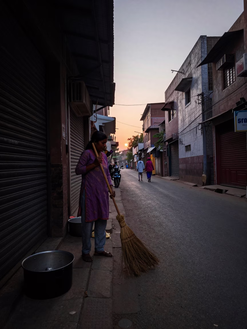 Pre-Dawn Street Scene in Delhi India with Broom and Cooking Pot in in Delhi, India