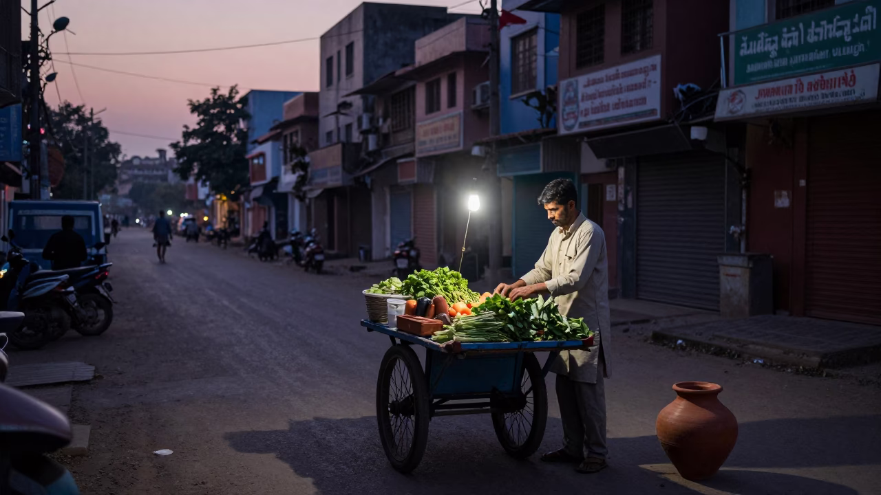 Pre-Dawn Street Scene in Delhi India with Clay Pot and Morning Activity in in Delhi, India