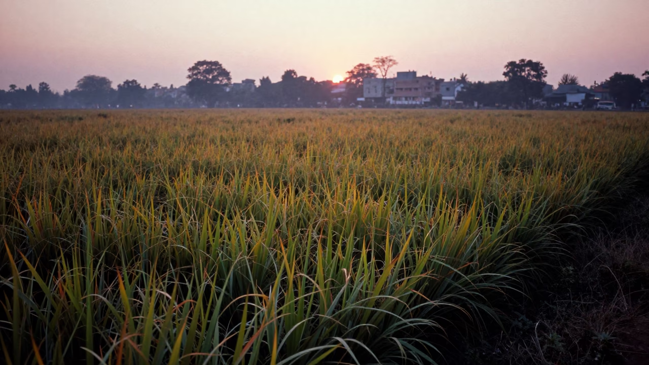 Pre-dawn street scene in Delhi India with turmeric field and early morning light in in Delhi, India