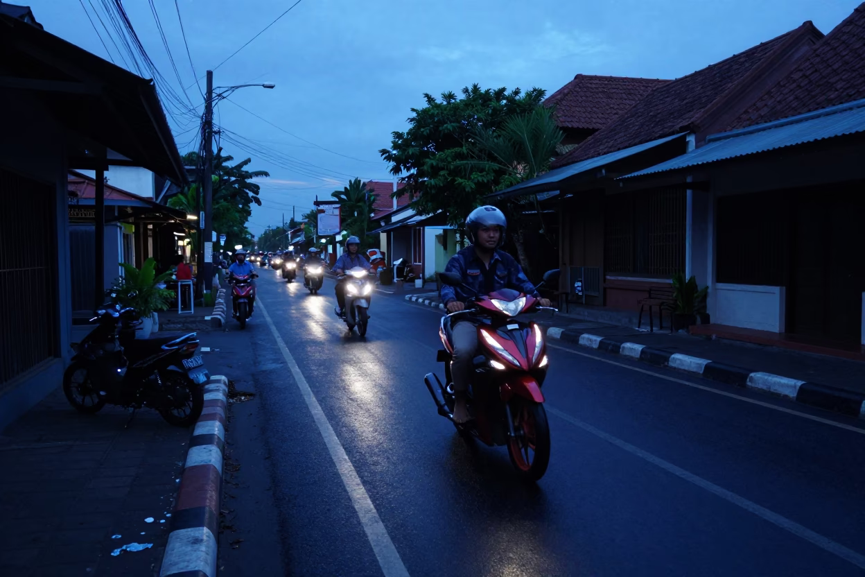 Pre-dawn street scene in Denpasar Indonesia with motorcycle convoy and local vendor in in Denpasar, Indonesia