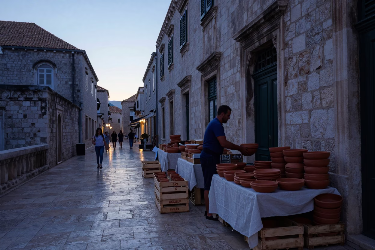 Pre-dawn street scene in Dubrovnik Croatia with terracotta bowls and linen details in in Dubrovnik, Croatia