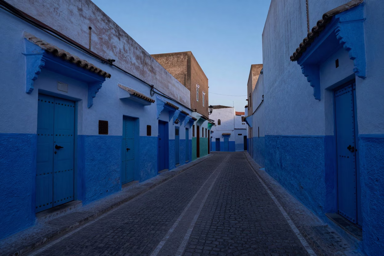 Pre-dawn street scene in Essaouira Morocco with blue painted doors and quiet alleyways in in Essaouira, Morocco