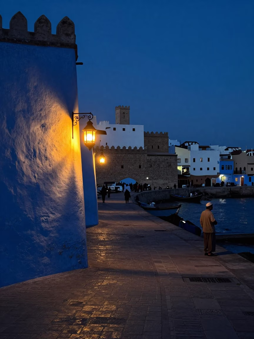 Pre-dawn street scene in Essaouira Morocco with glowing lantern and traditional basket in in Essaouira, Morocco