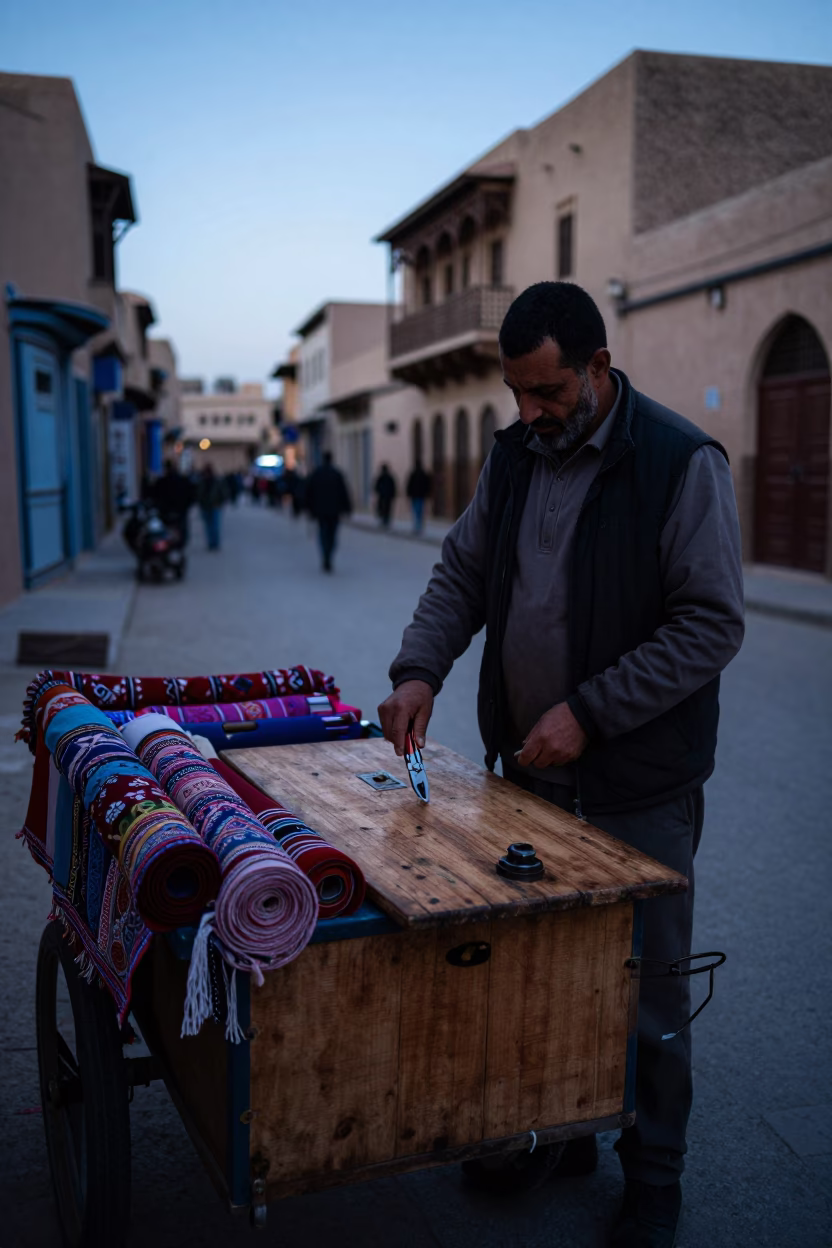Pre-dawn street scene in Fez Morocco with artisan and traditional tools in in Fez, Morocco