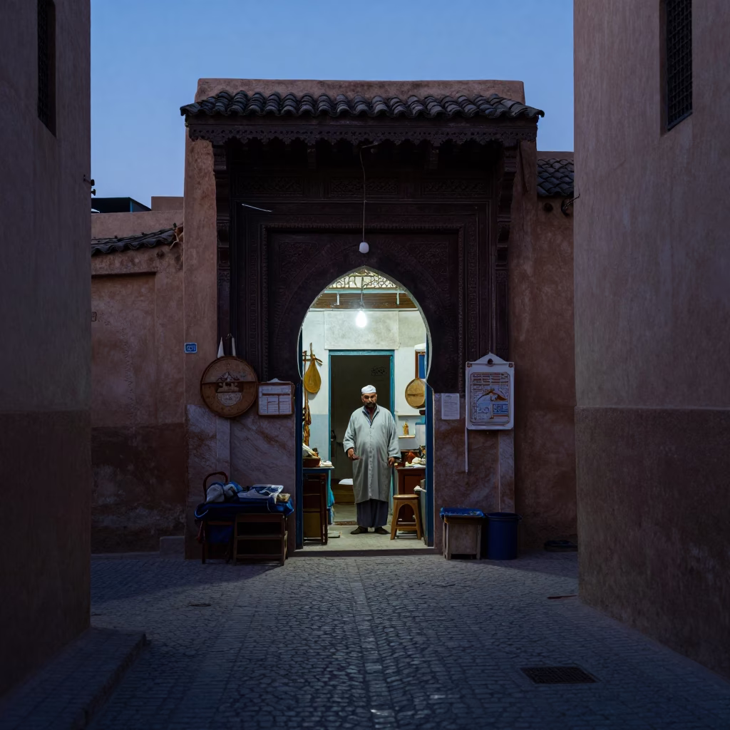 Pre-dawn street scene in Fez Morocco with artisan workshop and morning light in in Fez, Morocco