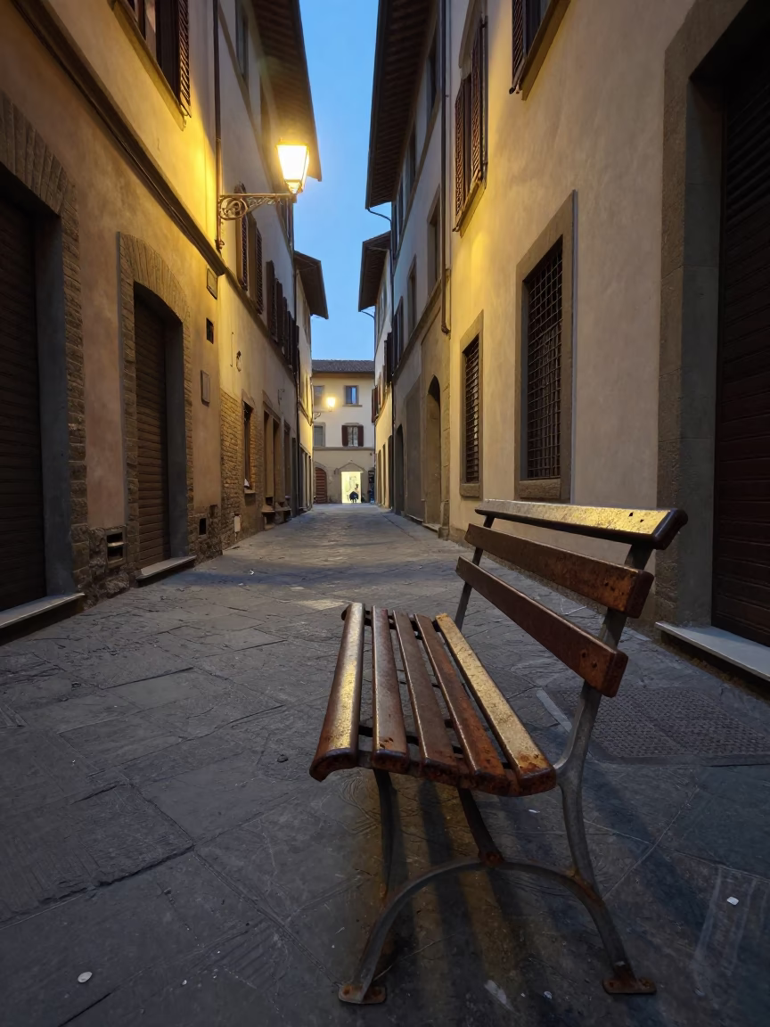 Pre-Dawn Street Scene in Florence Italy with Lantern and Rusty Bench in in Florence, Italy