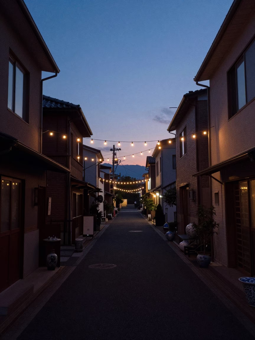 Pre-dawn street scene in Fukuoka Japan with string lights and porcelain jars in in Fukuoka, Japan