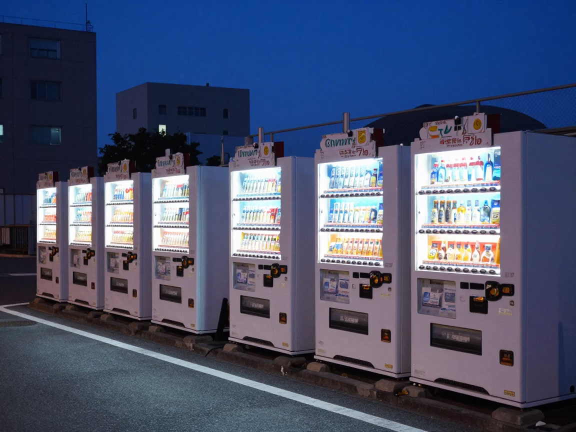 Pre-dawn street scene in Fukuoka Japan with vending machines and quiet urban atmosphere in in Fukuoka, Japan