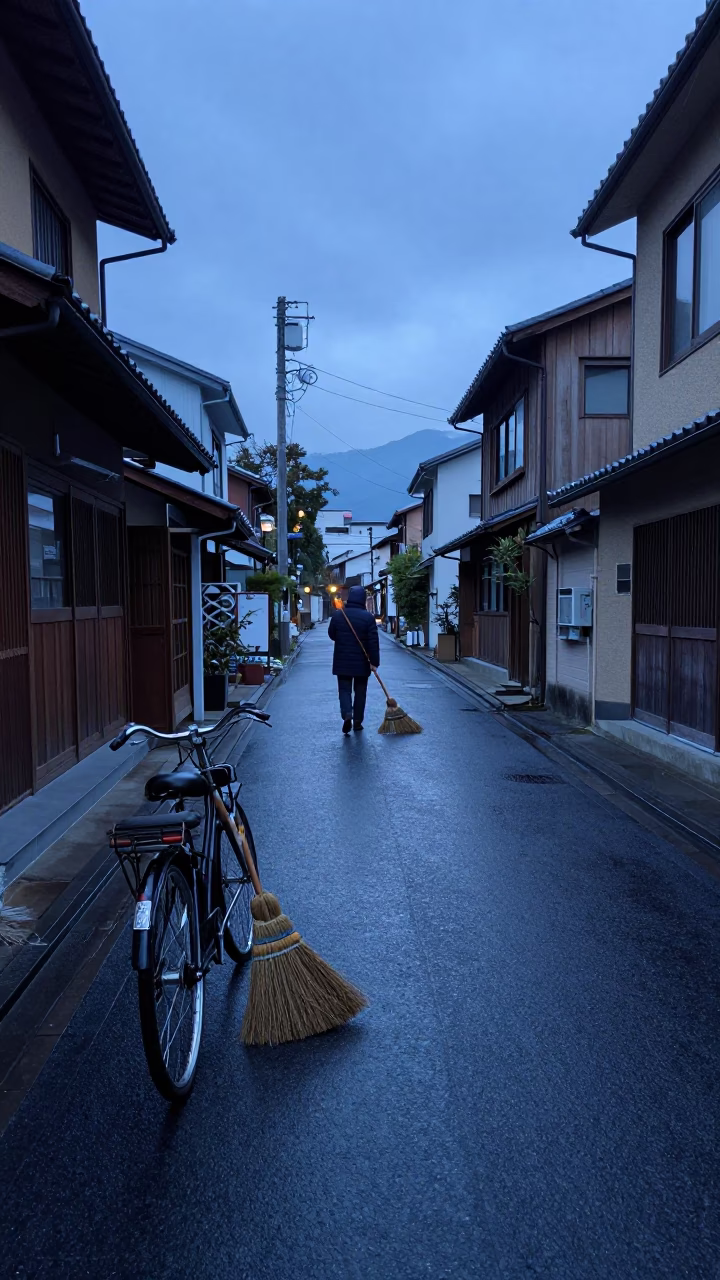 Pre-dawn street scene in Fukuoka Japan with vintage bicycle and broom in in Fukuoka, Japan